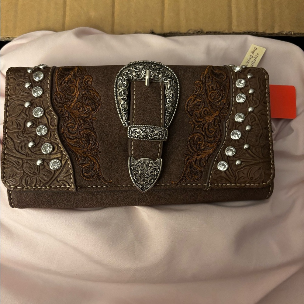 Brown Wallet with Silver Buckle and Rhinestones